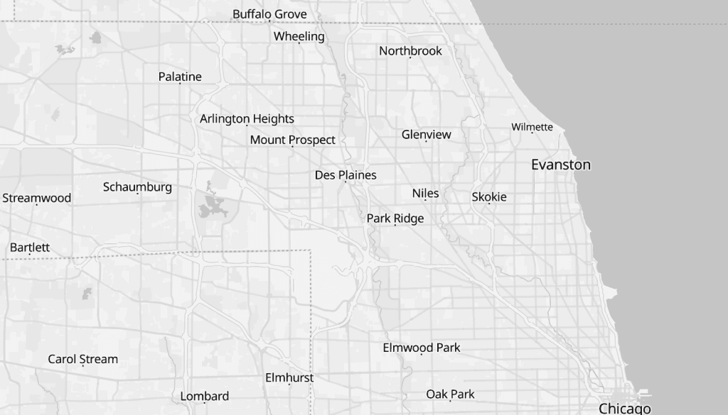 Map of the Chicago North Shore service area, from River North to Schaumburg